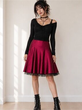 Vintage Junior 9 Satin Maroon Skirt Tulle Ruffle Whimsigoth Red Polkadot Y2K Red